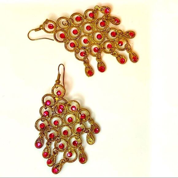 Gold & Pink Waterfall Rhinestone Earrings - Picture 4 of 4